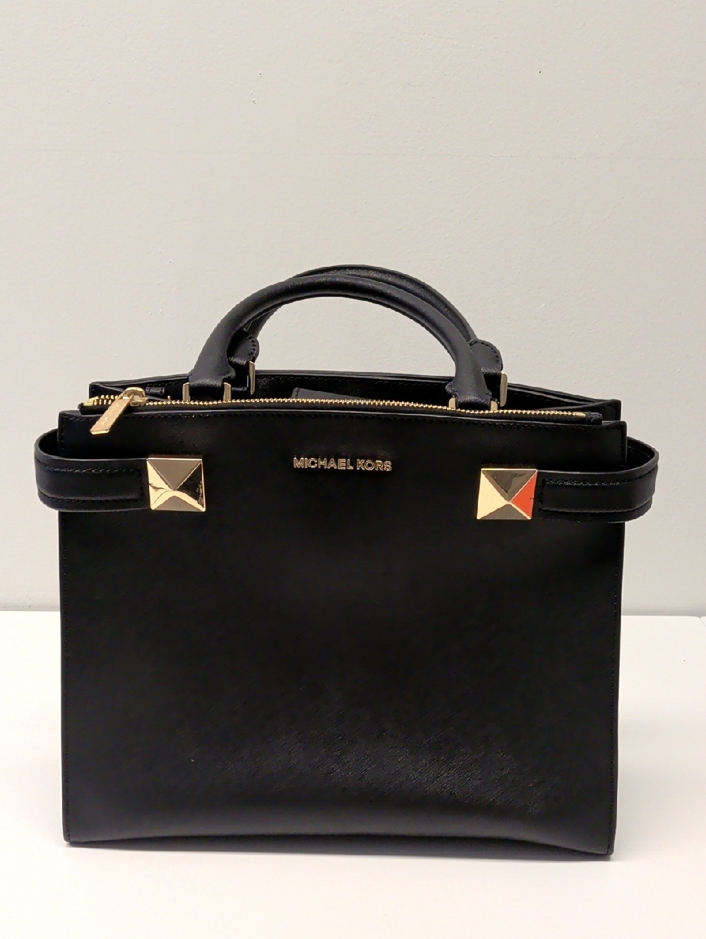 Michael Kors Black Karla Medium Leather Satchel with‎ Gold Hardware